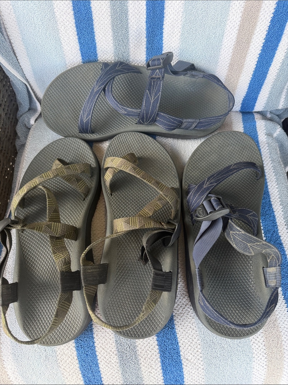 2 pairs of men’s size 12 Chaco Sandals - Olive Green &  BlueStraps